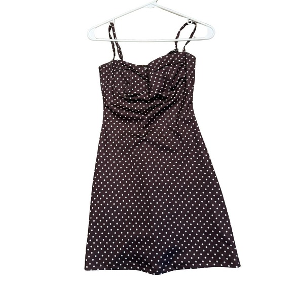 Y2K Brown Polka Dot Babydoll Mini Dress Women XS Spaghetti Strap Retro Pinup - Picture 7 of 12
